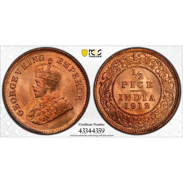 BRITISH INDIA: George V, 1910-1936, AE ½ pice, 1912(c), PCGS graded MS66 RD