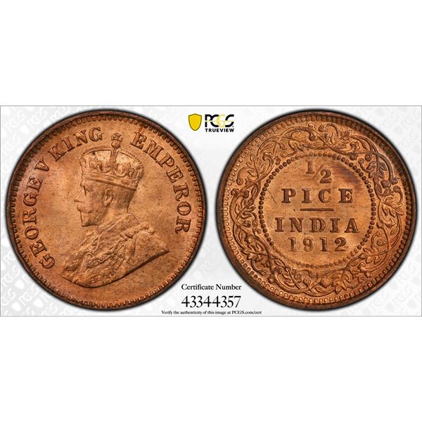 BRITISH INDIA: George V, 1910-1936, AE ½ pice, 1912(c), PCGS graded MS65 RD