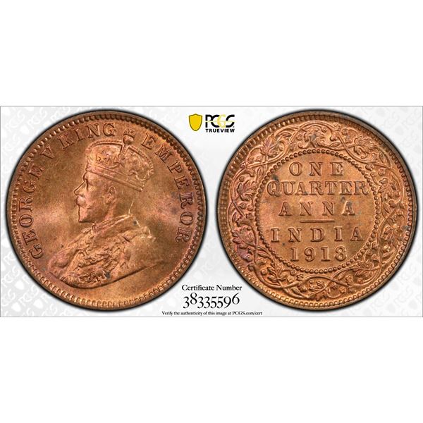 BRITISH INDIA: George V, 1910-1936, AE ¼ anna, 1918(c), PCGS graded MS65 RD