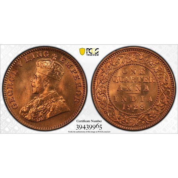 BRITISH INDIA: George V, 1910-1936, AE ¼ anna, 1928(b), PCGS graded MS67 RD