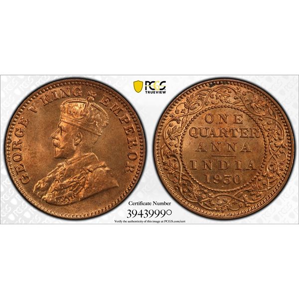 BRITISH INDIA: George V, 1910-1936, AE ¼ anna, 1930(b), PCGS graded MS66 RD