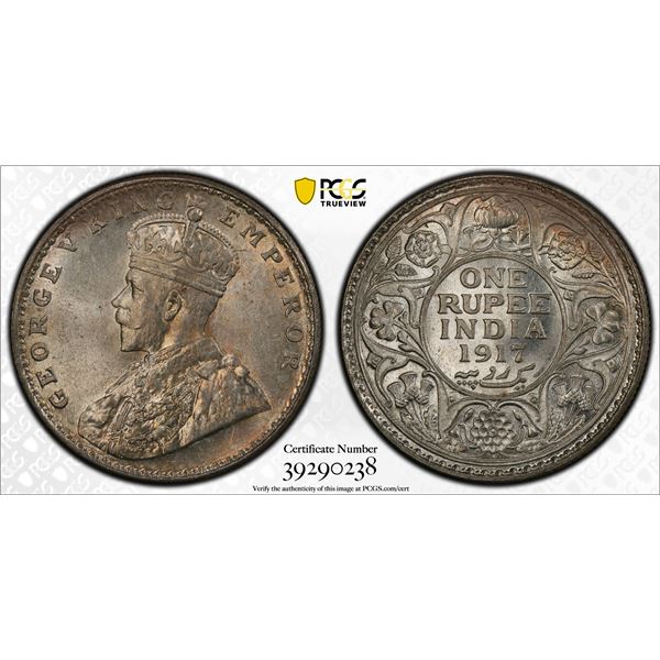 BRITISH INDIA: George V, 1910-1917, AR rupee, 1917(b), PCGS graded MS65