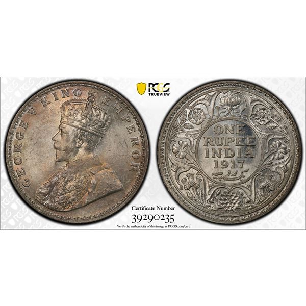 BRITISH INDIA: George V, 1910-1917, AR rupee, 1917(b), PCGS graded MS65