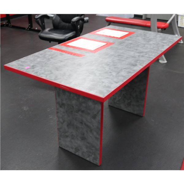 GREY & RED TABLE, 54 X 30 X 31 & CUBE SHELF,