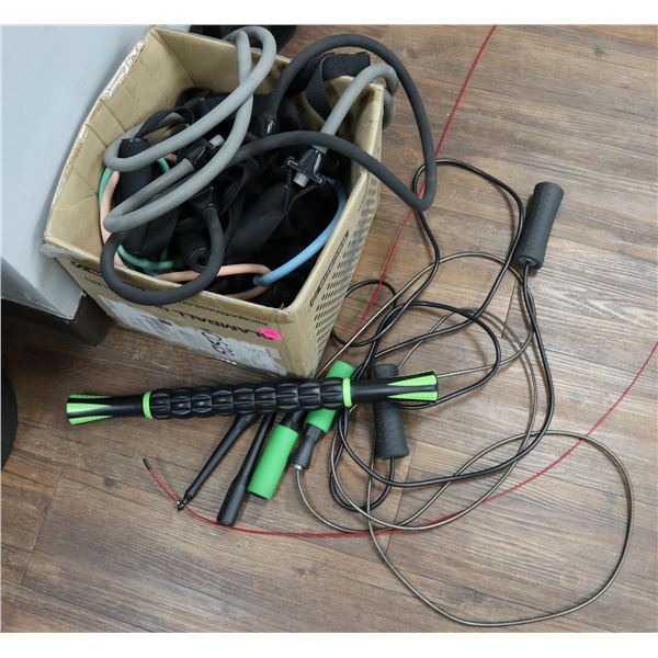 BOX OF SKIP ROPES, STRETCH BANDS, AND MORE