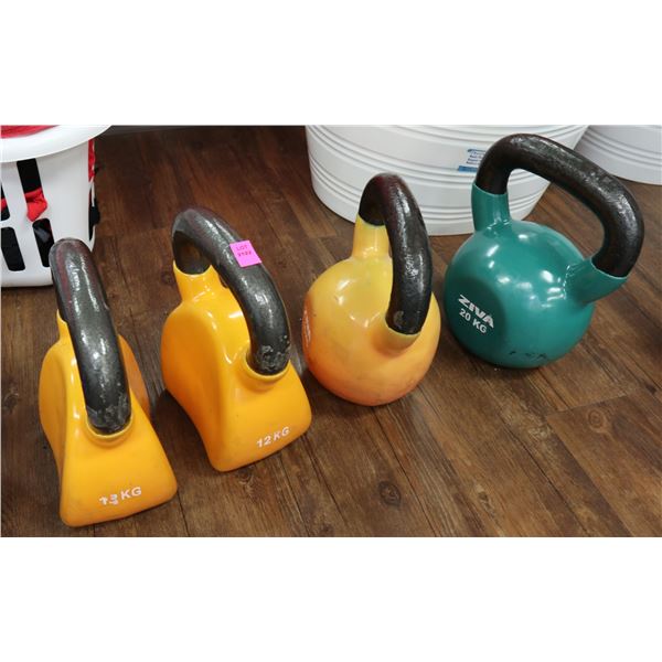 LOT OF 4 KETTLE BALL WEIGHTS, 2 @ 12KG, 1 @ 16KG