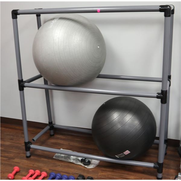 2 EXERCISE BALLS WITH ROLLING STORAGE RACK