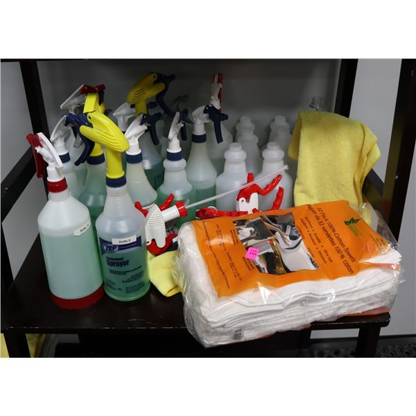 LARGE LOT OF CLEANER SPRAY BOTTLES & TOWELS