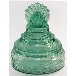 Teal Depression Glass Pleated Fan Powder Jar #2308720