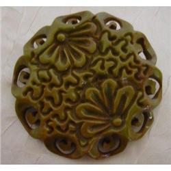 Vintage Heavily Carved Bakelite Green Brooch #2308761