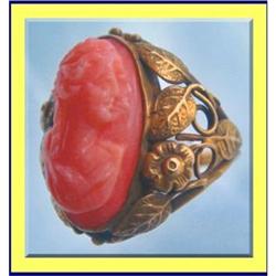 CARVED CORAL GOLD RING ANTIQUE VICTORIA NOUVEAU#2309425