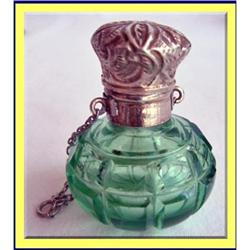 ANTIQUE GREEN CUT GLASS & SILVER PERFUME BOTTLE#2309426