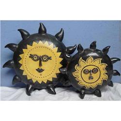 Pair Smiling Sun Burst Shine Pottery Sculpture #2319467