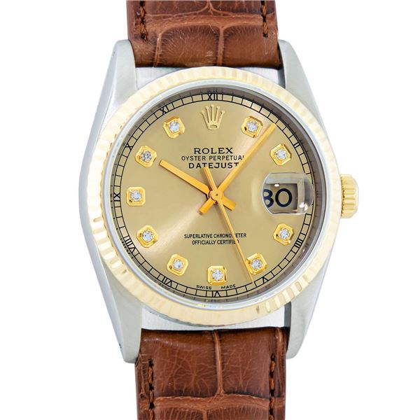 Rolex Mens 2T Champagne Diamond Wristwatch With Brown Leather Band