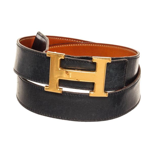 Hermes Black Brown Leather Vintage H Belt