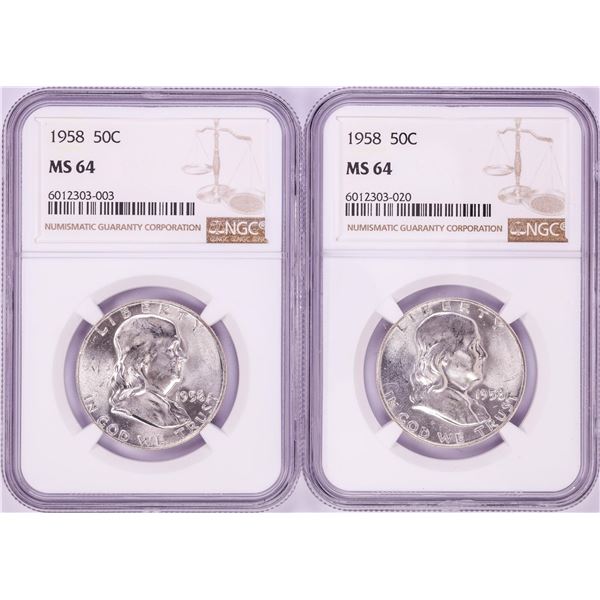 Lot of (2) 1958 Franklin Half Dollar Coins NGC MS64
