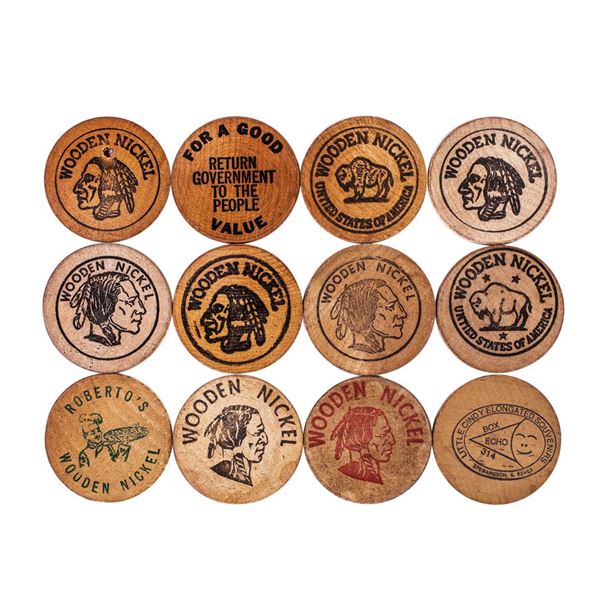 Lot of (12) Wooden Nickels