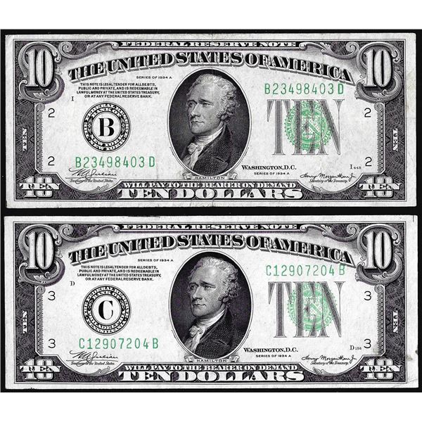 Lot of (2) 1934A $10 Federal Reserve Notes