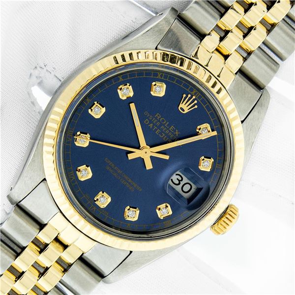 Rolex Mens Two Tone Blue Diamond Oyster Perpetual Datejust Wristwatch