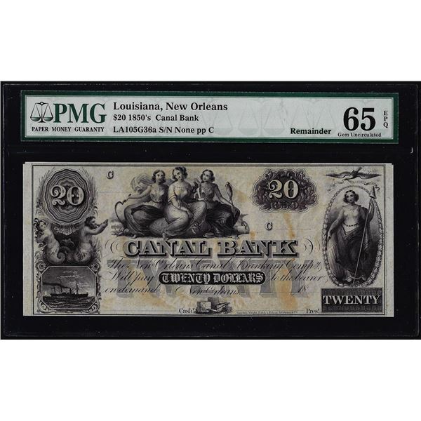 1850's $20 Canal Bank New Orleans Louisiana Obsolete Note PMG Gem Uncirculated 65EPQ