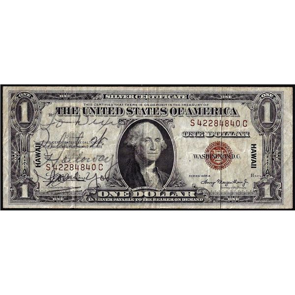 Short Snorter Signed 1935A $1 Hawaii WWII Emergency Silver Certificate Note