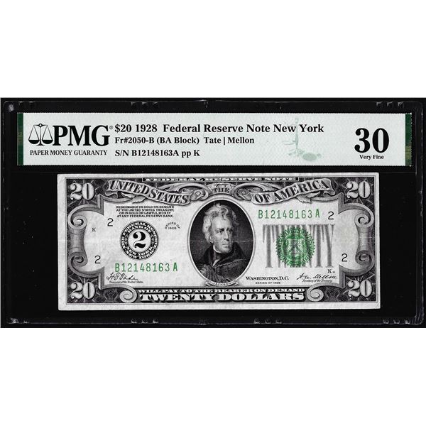 1928 $20 Federal Reserve Note New York Fr.2050-B PMG Very Fine 30