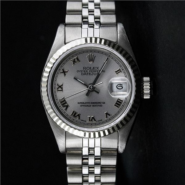 Rolex Ladies Stainless Steel Slate Grey Roman Oyster Perpetual Datejust Wristwatch