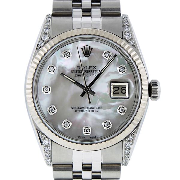Rolex Men's Stainless Steel Mother Of Pearl Diamond Datejust Wristwatch