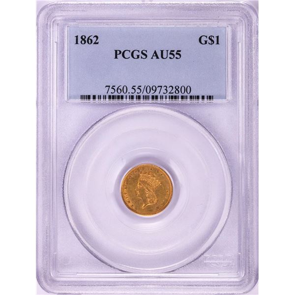 1862 $1 Indian Princess Head Gold Dollar Coin PCGS AU55