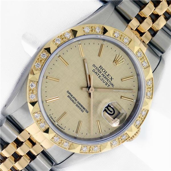 Rolex Men's Two Tone Factory Champagne Diamond Datejust Wristwatch With Box Booklets