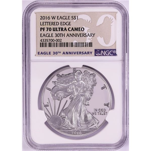 2016-W Lettered Edge $1 Proof American Silver Eagle Coin NGC PF70 Ultra Cameo