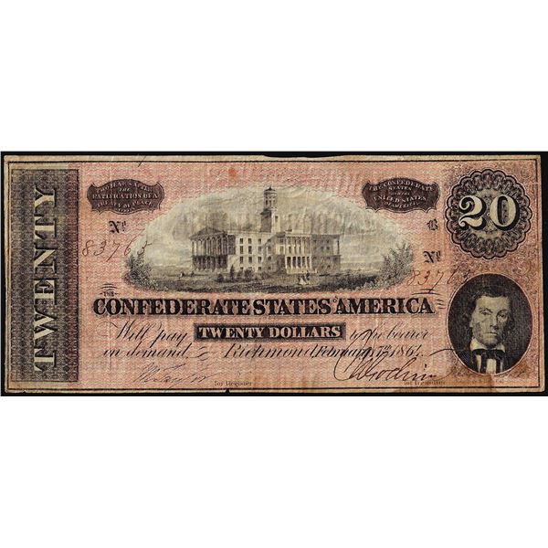 1864 $20 Confederate States of America Note with Yarborouh House Advertisement