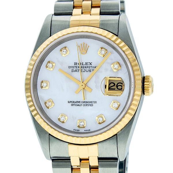 Rolex Mens Two Tone Mother Of Pearl Diamond Datejust Wristwatch