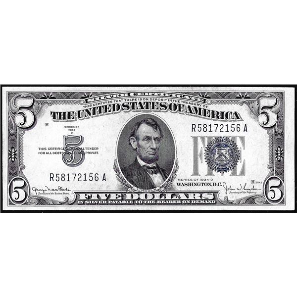 1934D $5 Silver Certificate Note