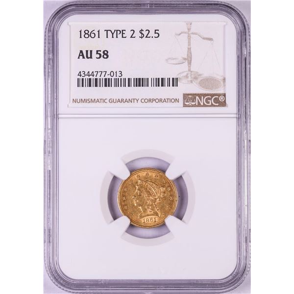 1861 New Reverse $2 1/2 Liberty Head Quarter Eagle Gold Coin NGC AU58