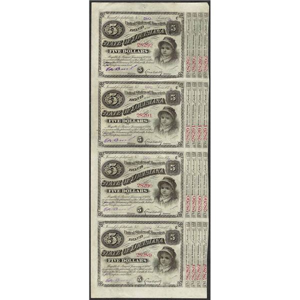 Uncut Sheet of (4) State of Louisiana Baby Bond Obsolete Notes
