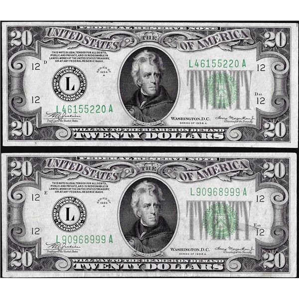 Lot of (2) 1934A $20 Federal Reserve Notes San Francisco