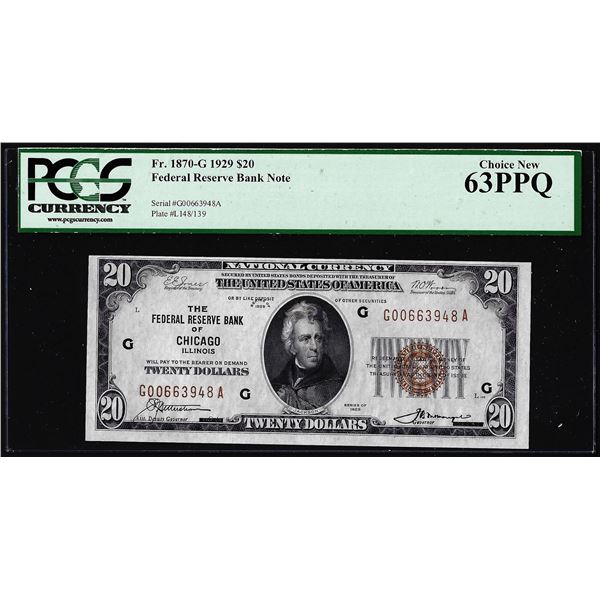 1929 $20 Federal Reserve Note Chicago Fr.1870-G PCGS Choice New 63PPQ