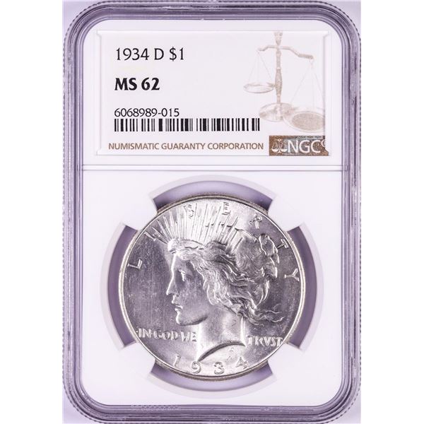 1934-D $1 Peace Silver Dollar Coin NGC MS62
