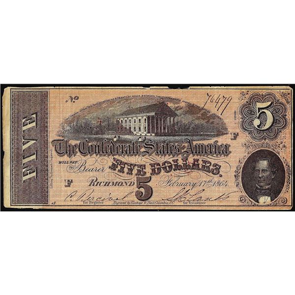 1864 $5 Confederate States of America Note with Yarborouh House Advertisement