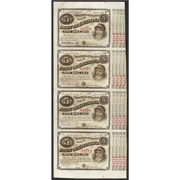 Uncut Sheet of (4) State of Louisiana Baby Bond Obsolete Notes