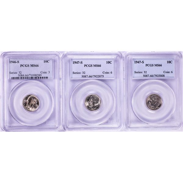 Lot of (3) 1946-S & 1947-S Roosevelt Dime Coins PCGS MS66