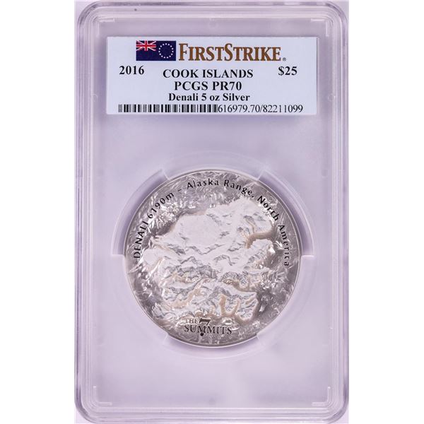 2016 $25 Proof Cook Islands Denali 5oz Silver Coin PCGS PR70 First Strike