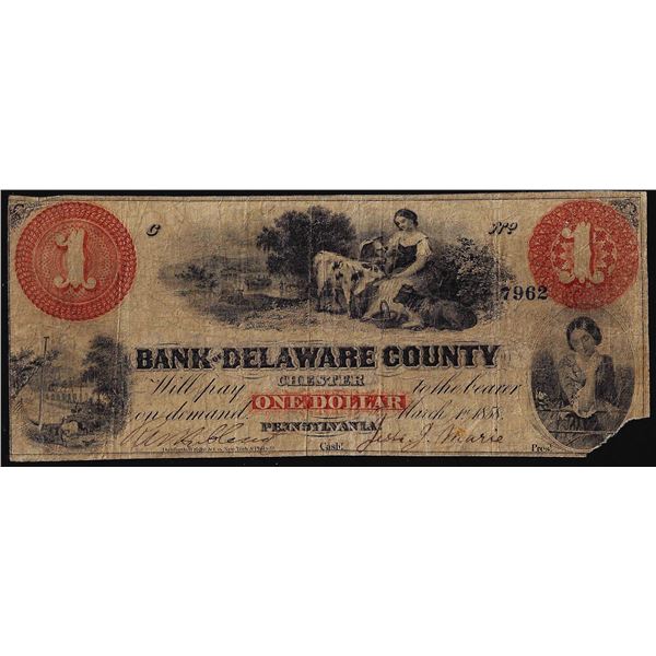 1858 $1 Bank of Delaware County Chester, PA Obsolete Note