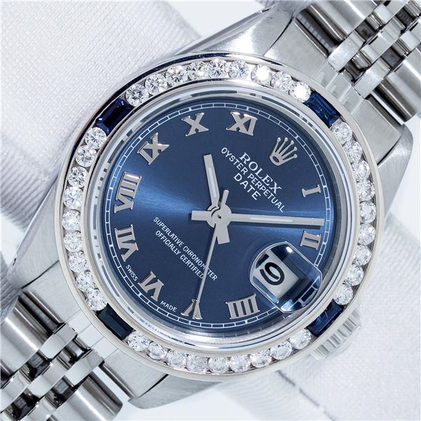 Rolex Ladies Stainless Steel Factory Blue Roman Dial Diamond Datejust Wristwatch