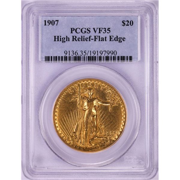 1907 High Relief $20 St. Gaudens Double Eagle Gold Coin PCGS VF35 Flat Edge