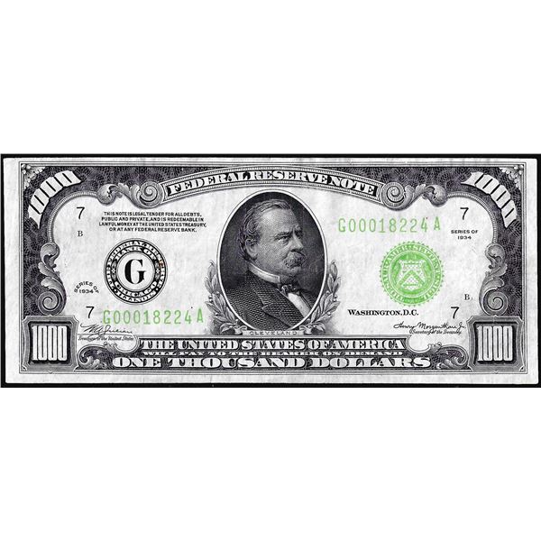 1934 $1,000 Federal Reserve Note Chicago Light Green Seal