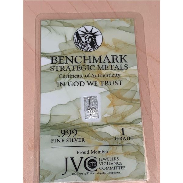 Pure .999 Fine Silver Wafer bar 1 grain with certificate