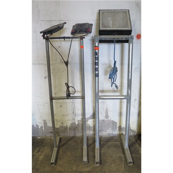 Metal 2 Husky Work Lamps on Pole Base & Single Light on Base