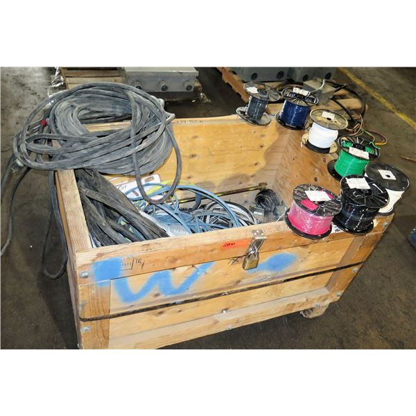 Wood Bin w/ Misc Cables & Multiple Spools Wire